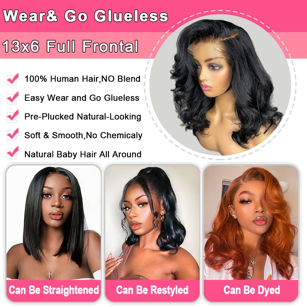KinMos Bob Wig Human Hair 200 Density 13x6 Body Wave HD Lace Front Wigs Human Hair Glueless Lace Frontal Bob Wigs Short Bob Wigs for Black Women Pre Plucked with Baby Hair (14 inch, Bob Wig)