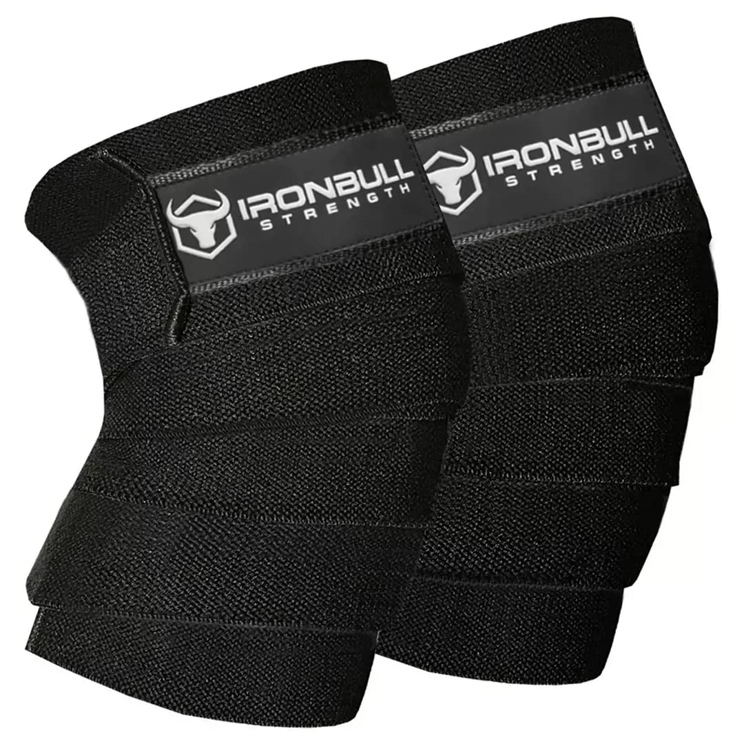 Iron Bull Strength Knee Wraps (1 Pair) - 80" Elastic Knee and Elbow Support & Compression - For Weightlifting, Powerlifting, Fitness, WODs & Gym Workout - Knee Straps for Squats (Black)