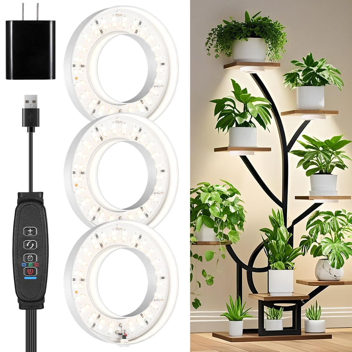 3 Head White Halo Angel Ring Ceiling LED Plant Growth Lights for Shelf, 3000K+6000K Full Spectrum Grow Lamps for Plant Growth Indoor Plants with 6/12/16H Timer, 3 Spectral Modes, 10 Dimmable Levels