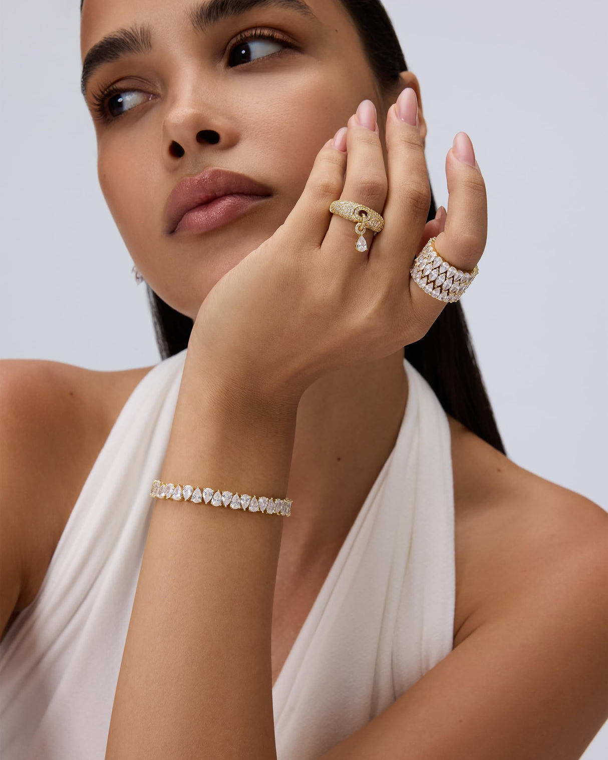 PAVOI 14K Yellow Gold Plated Dangle Wedding Ring for Women - Chunky Statement Gold Wedding Bands for Women with Cubic Zirconia - Bold Fashion Trendy Bridal Jewelry Gift - Size 9