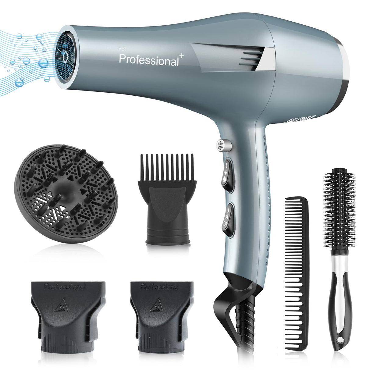 Ionic Salon Hair Dryer, Professional Blow Dryer AC Motor Fast Drying with 2 Speed, 3 Heat Setting, Cool Button, with Diffuser, Nozzle, Concentrator Comb for Curly & Straight Hair-Blue