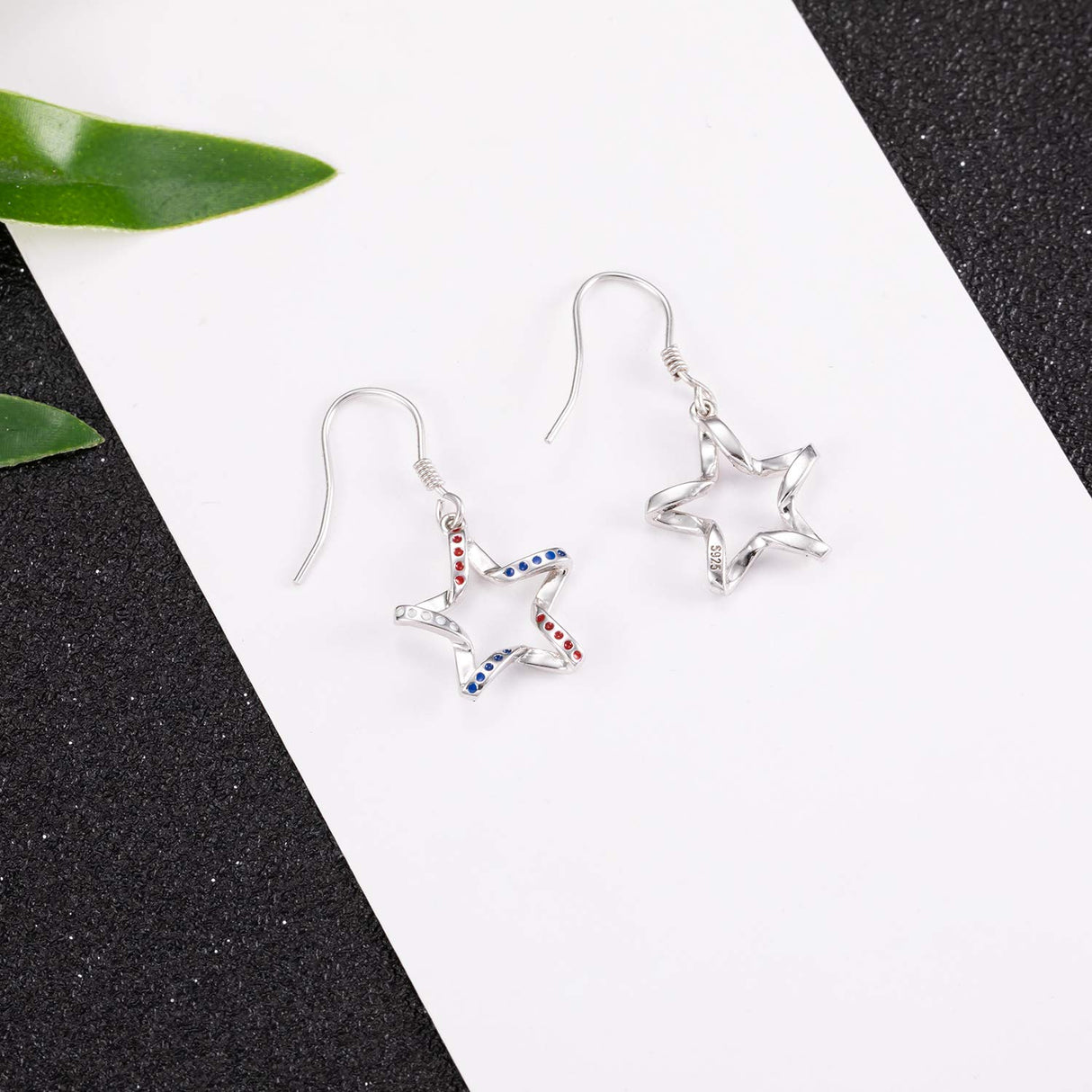 USA Flag Patriotic 925 Sterling Silver Star Earrings for Women