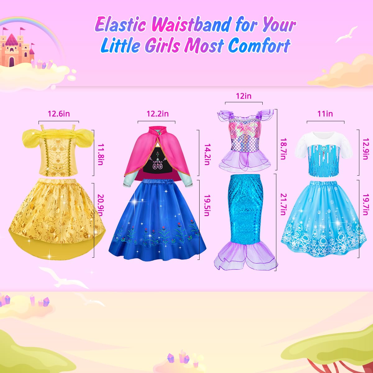Meland Princess Dress Up - Dress Up Clothes for Girls with Princess Toys, Christmas Birthday Gift for Girls Age 3-8 Year Old (4 Princess with Bag)