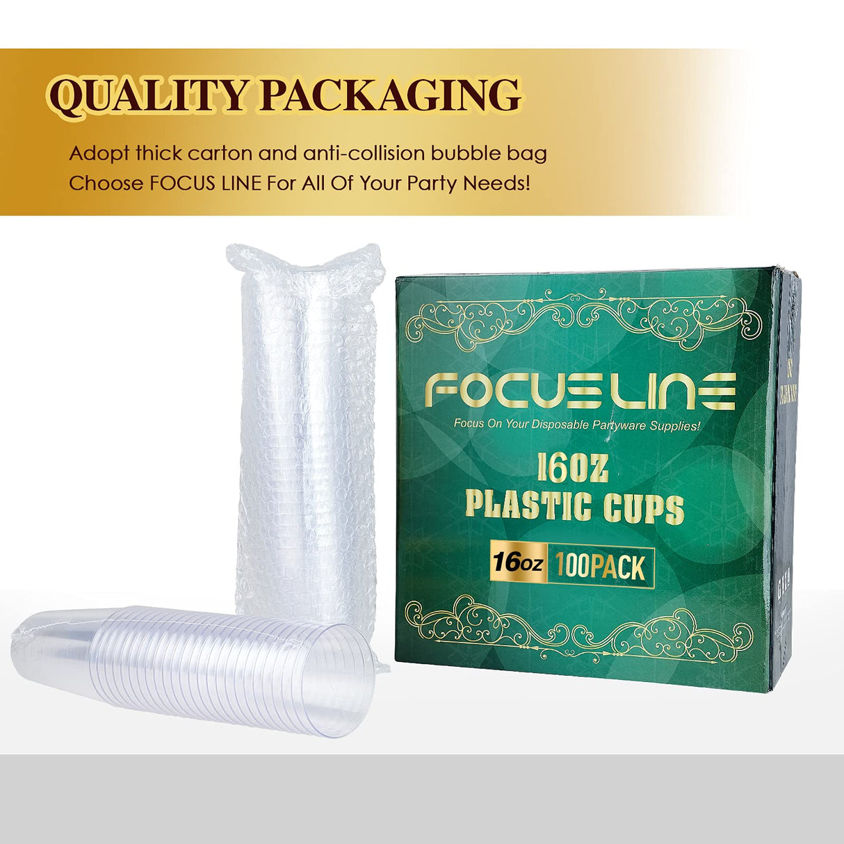 FOCUSLINE 100 Pack 16 oz Clear Plastic Cups, Disposable Cups Large Reusable Plastic Tumblers, Heavy-duty Clear Hard Cups 16 Ounce for Wedding Party, Thanksgiving, Halloween, Christmas