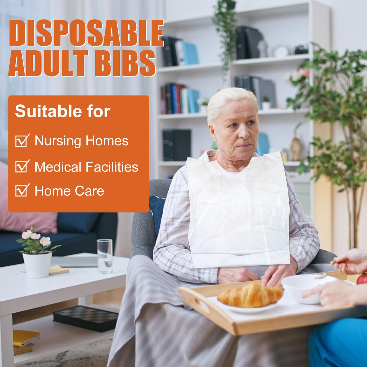 Nonley Disposable Adult Bibs 100 Pack - Disposable Dining Bibs for Adults - Waterproof Oil-Proof Plastic Bib for Elderly Women and Senior Men Eating