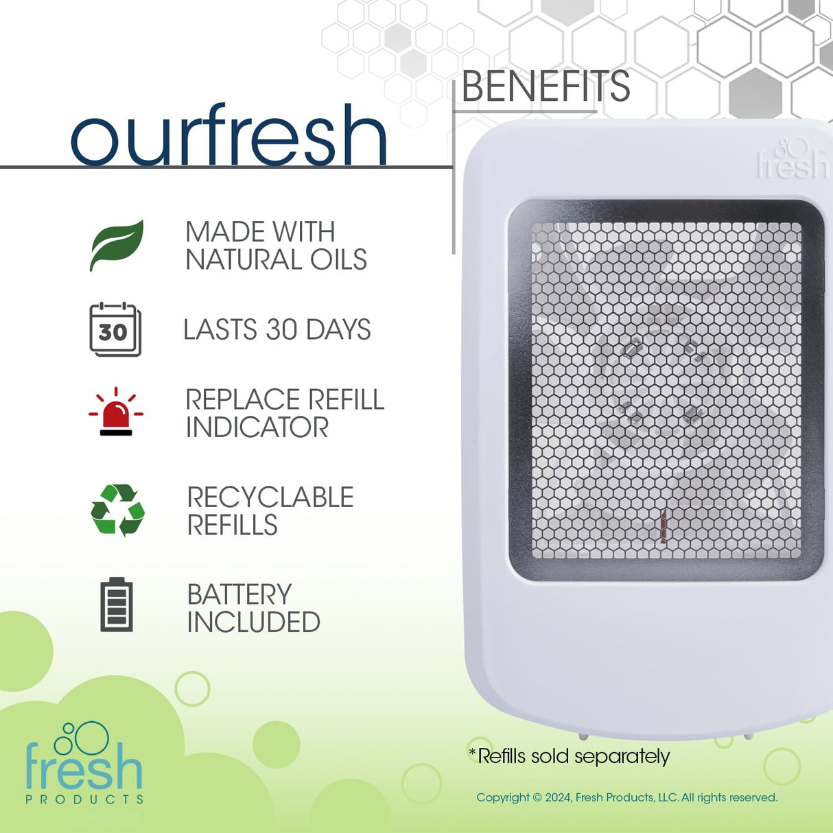 Fresh Products ourfresh 2 Air Freshener Replace Metered Aerosol with Dry Fragrance 30 Day Use Medium Sized Spaces Light Activated Battery Operated Refill Reminder White Dispenser 1 pk