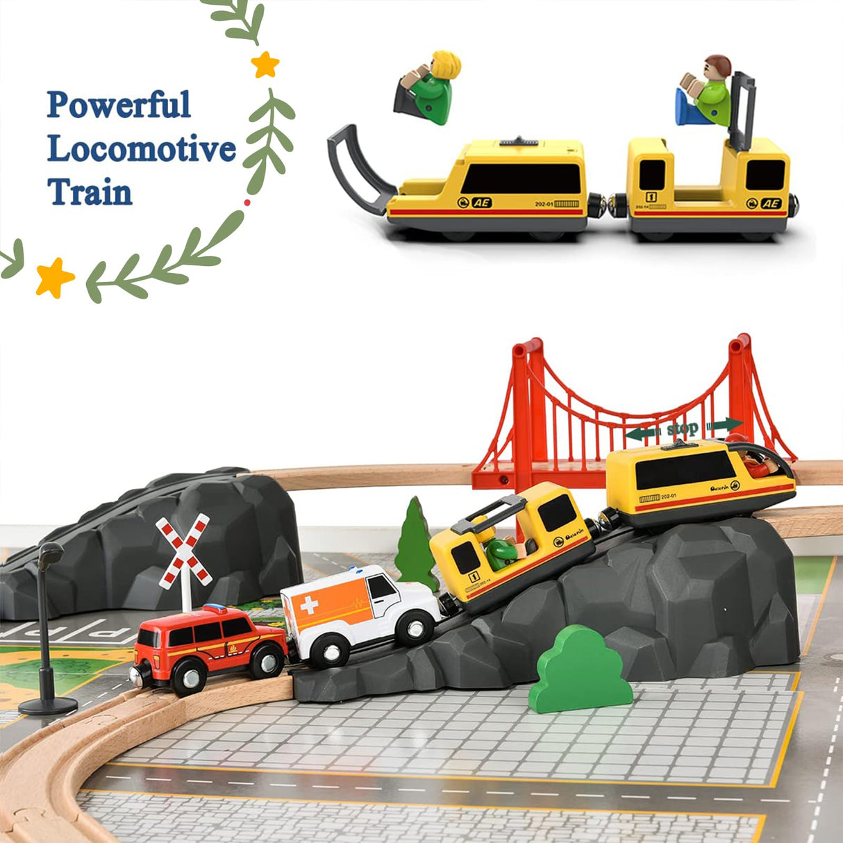 Giant bean 72PCS Fire Station Wooden Train Track Electric Train Set, Gift Packed Toy Railway Kits for Kids, Toddler Boys and Girls 3,4,5 Years Old and Up, Christmas Birthday Gift Toy for Kids