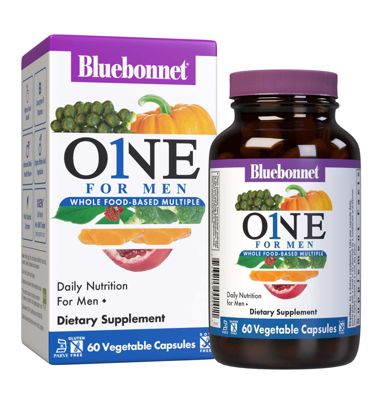Bluebonnet Nutrition Men’s One Vegetable Capsule, Whole Food Multiple, K2, Organic, Energy, Vitality, Non-GMO, Gluten, Soy & Milk Free, Kosher, 3 Month Supply, 90 Count