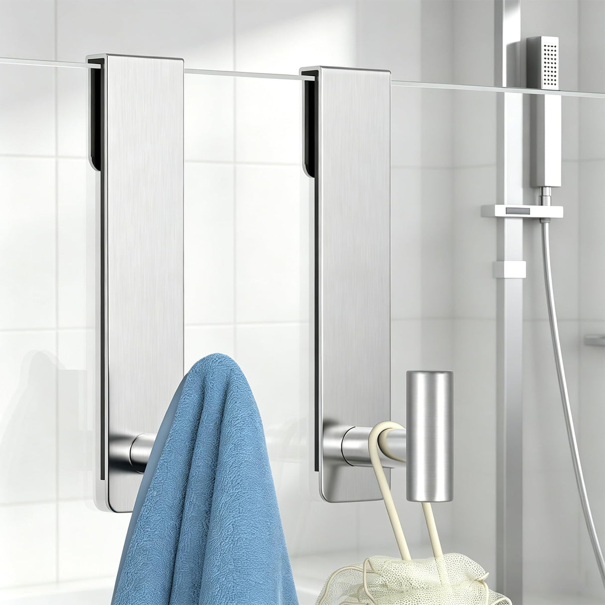 HUFEEOH Shower Towel Hooks, 7.5-Inch Extended Over Glass Shower Door Hanger for Towels & Robes, Rustproof Bathroom Towel Rack, 2-Pack (Silver, T Shape)
