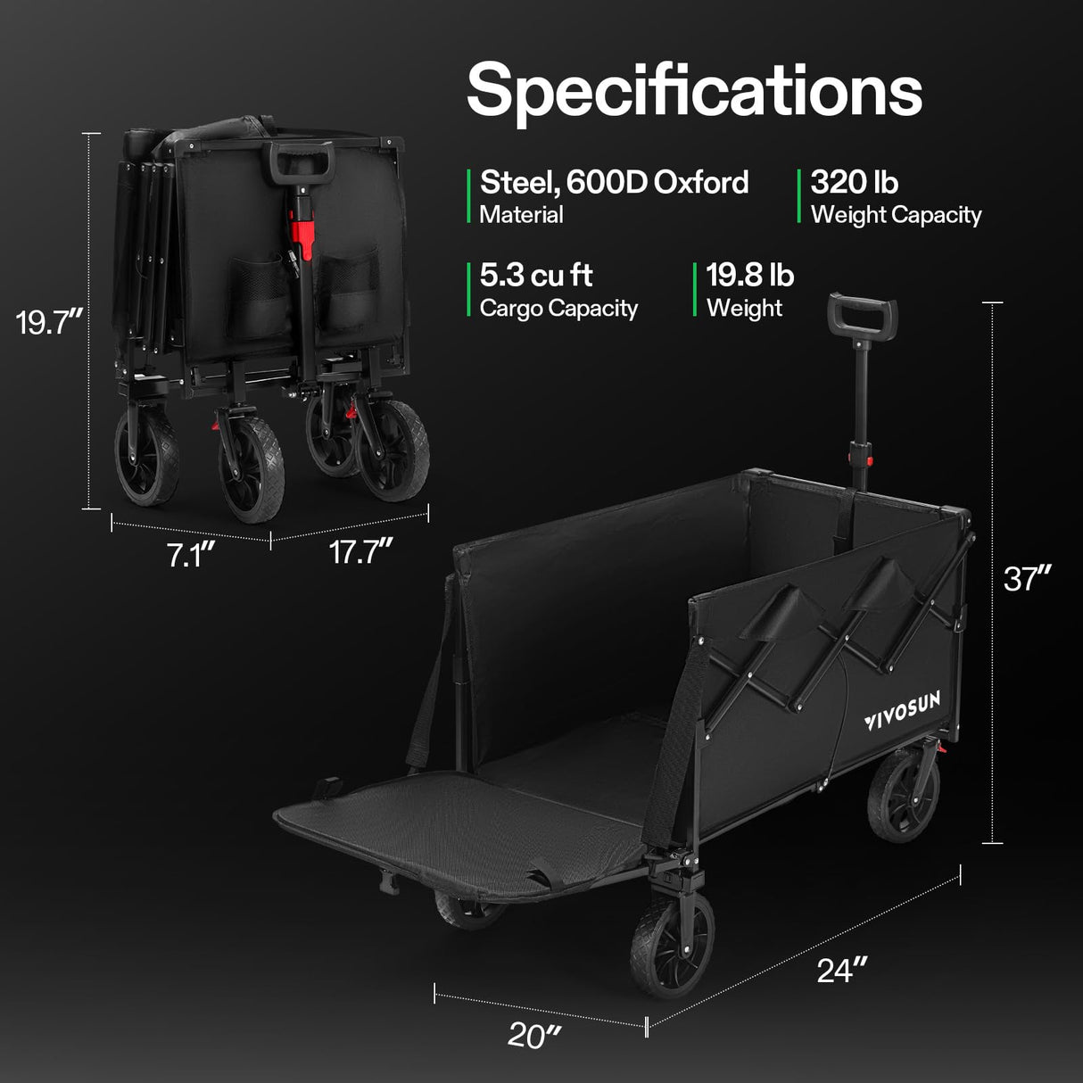 VIVOSUN Collapsible Wagon with Tailgate, 320lb Load-Bearing Outdoor Utility with All-Terrain Wheels, Adjustable Handle, Cup Holders for Camping, Shopping, Garden, Sports, Picnic, Black