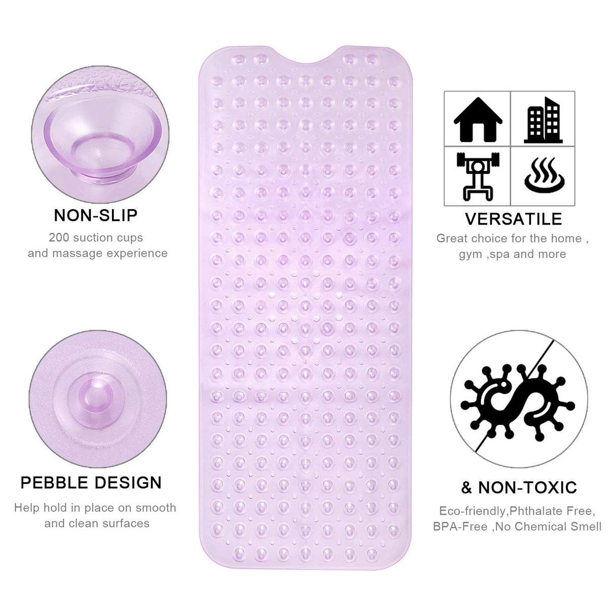 YINENN Bath and Shower Safety Mats 40x16 inch, Non Slip with Suction Cups for Bathroom Stall and Tub Floor, Extra Large and Machine Washable, Drain Holes Keep Bathtub Clean, Purple