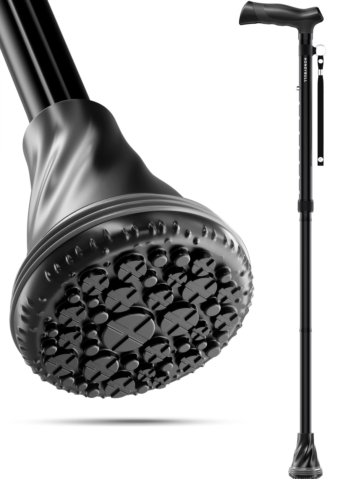 HONEYBULL Walking Cane with Air Cushion for Men & Women - Foldable, Adjustable, Collapsible, Bumper Base Tip, Heavy Duty | Walking Sticks for Seniors & Adults (Black)