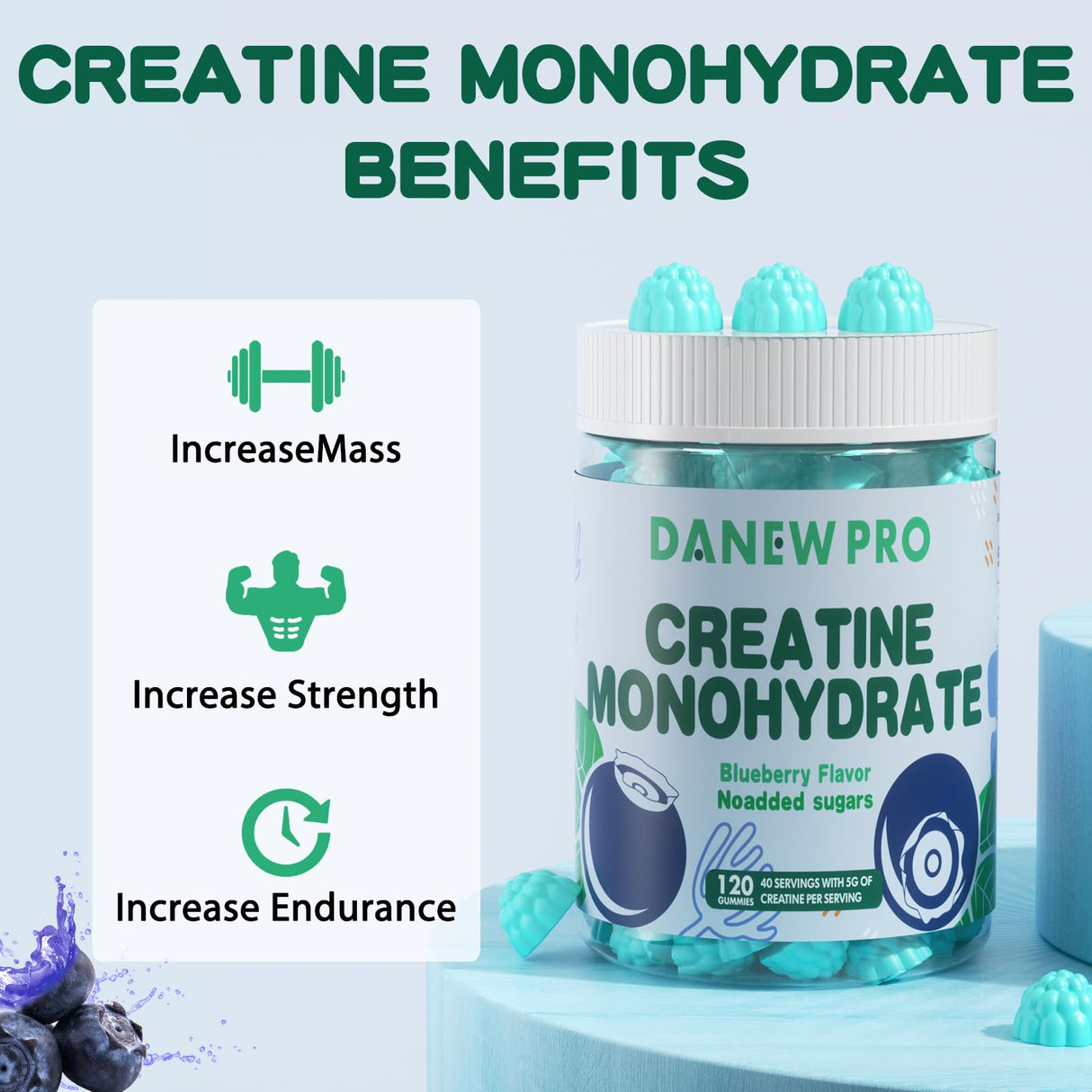 DANEW Pro Creatine Monohydrate Gummies 5000mg for Men & Women, Creatine Monohydrate for Muscle Strength, Muscle Builder, Energy Boost, Pre-Workout Supplement(120 Count)-Blueberry Flavor