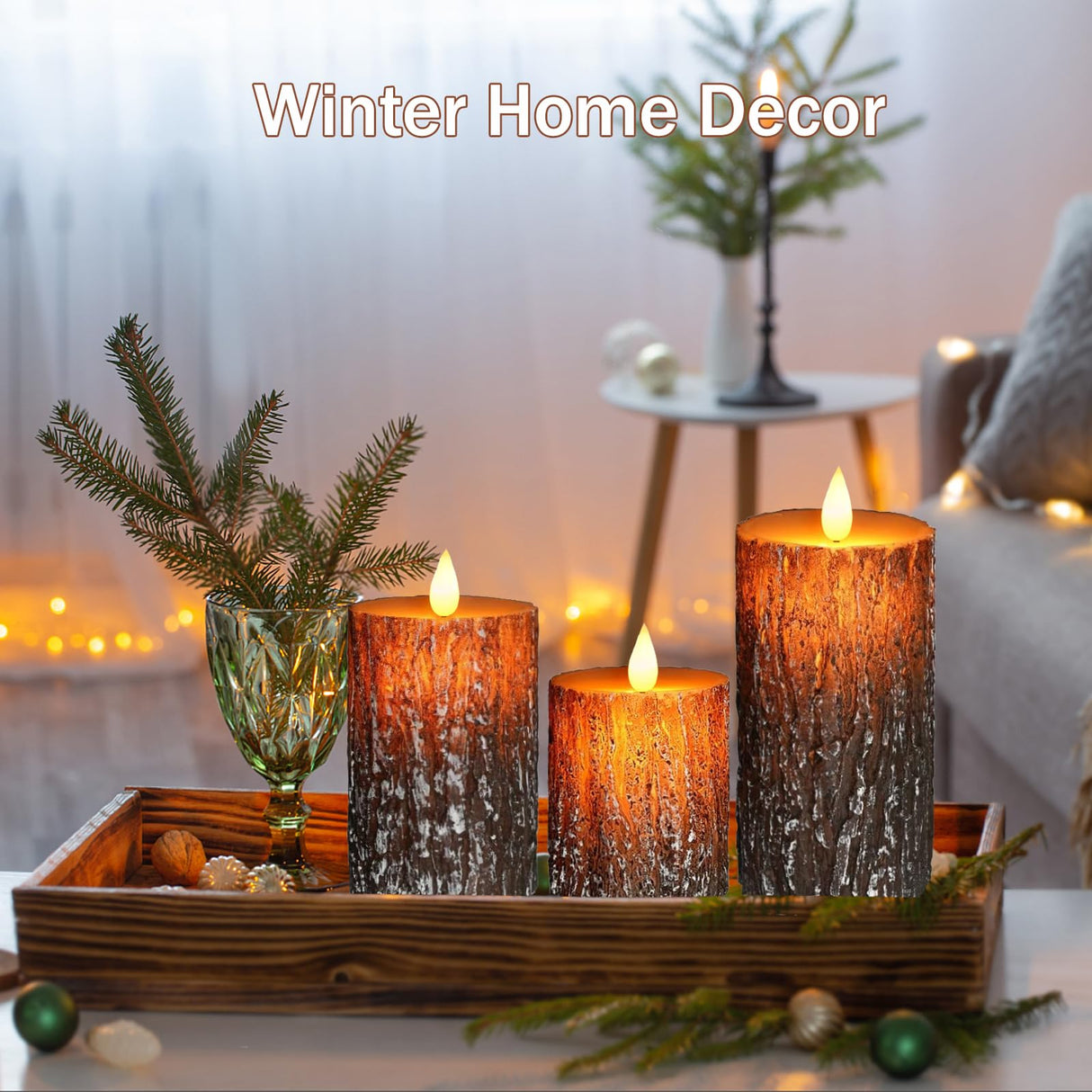 VEEKI Flameless Candles Lights, Set of 3 Battery Operated Flickering Flameless Candles with Remote & Timer, Dimmable LED Pillar Candles, Pine Bark Electric LED Candles for Christmas Winter Home Decor