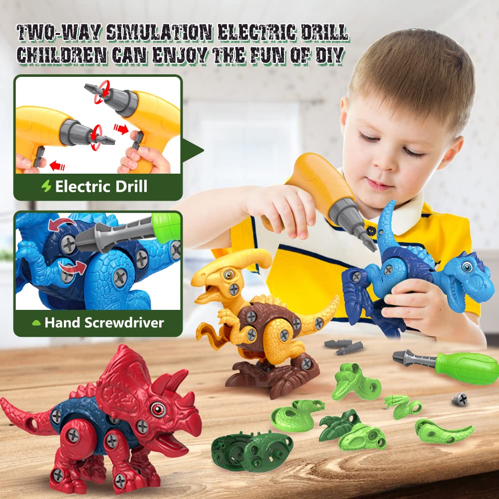Dinosaur Toys for 3, 4, 5, 6, 7 Year Old Boys, Take Apart Toys with Electric Drill for Kids, STEM Educational Construction Building Toy, Ideal Birthday Christmas Easter Gifts, Incl Tyrannosaurus Rex