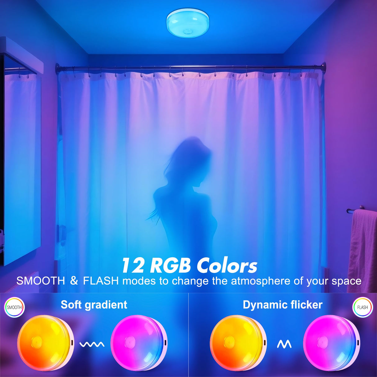 2-Pack Rechargeable Shower Light No Wiring, 15 RGBW Color Changeable Waterproof Lights for Shower with Remote(Dimmable&Timer), LED Light for Inside Shower, Wireless Mood Lighting for Bathroom, White