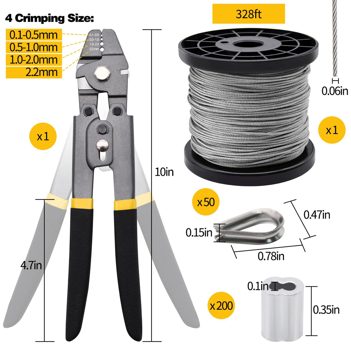 328ft Wire Rope Crimping Tool Kit, 1/16" Stainless Steel Wire Rope Cable with Aluminum Crimping Sleeves and Stainless Steel Thimbles for Railing, Decking, Picture Hanging