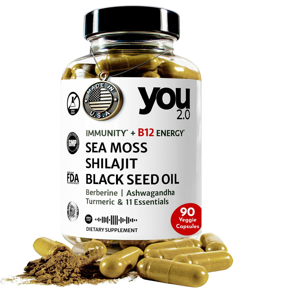 You2.0 Powerhouse Superfood with Seamoss, Shilajit, Ashwagandha, Berberine, Maca, Black Seed Oil, Turmeric, Vitamin C, D, B12, K2 - Moringa, Apple Cider, Made in USA for Overall Health & Immunity