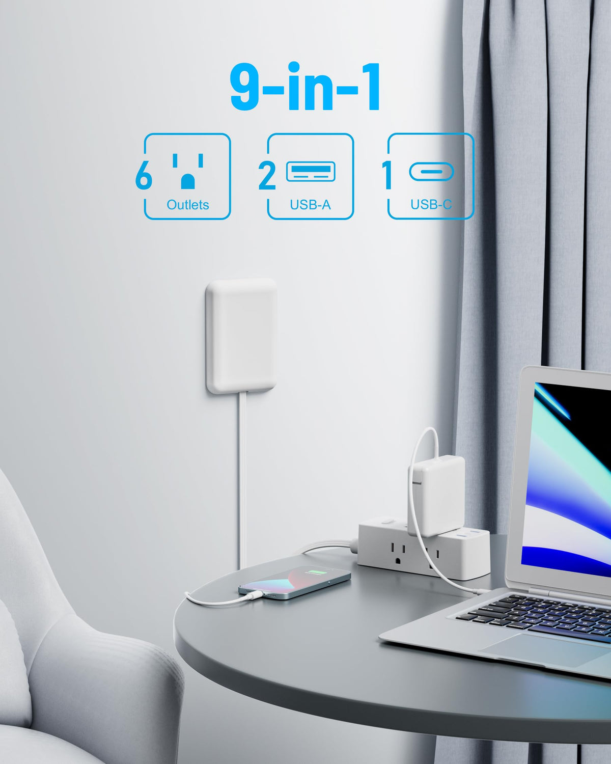 Olcorife Flat Extension Cord with Outlet Cover, Flat Plug Power Strip with 6 Outlets and 3 USB Ports, 5 FT Cord Hidden Outlet Extender for Tight Spaces