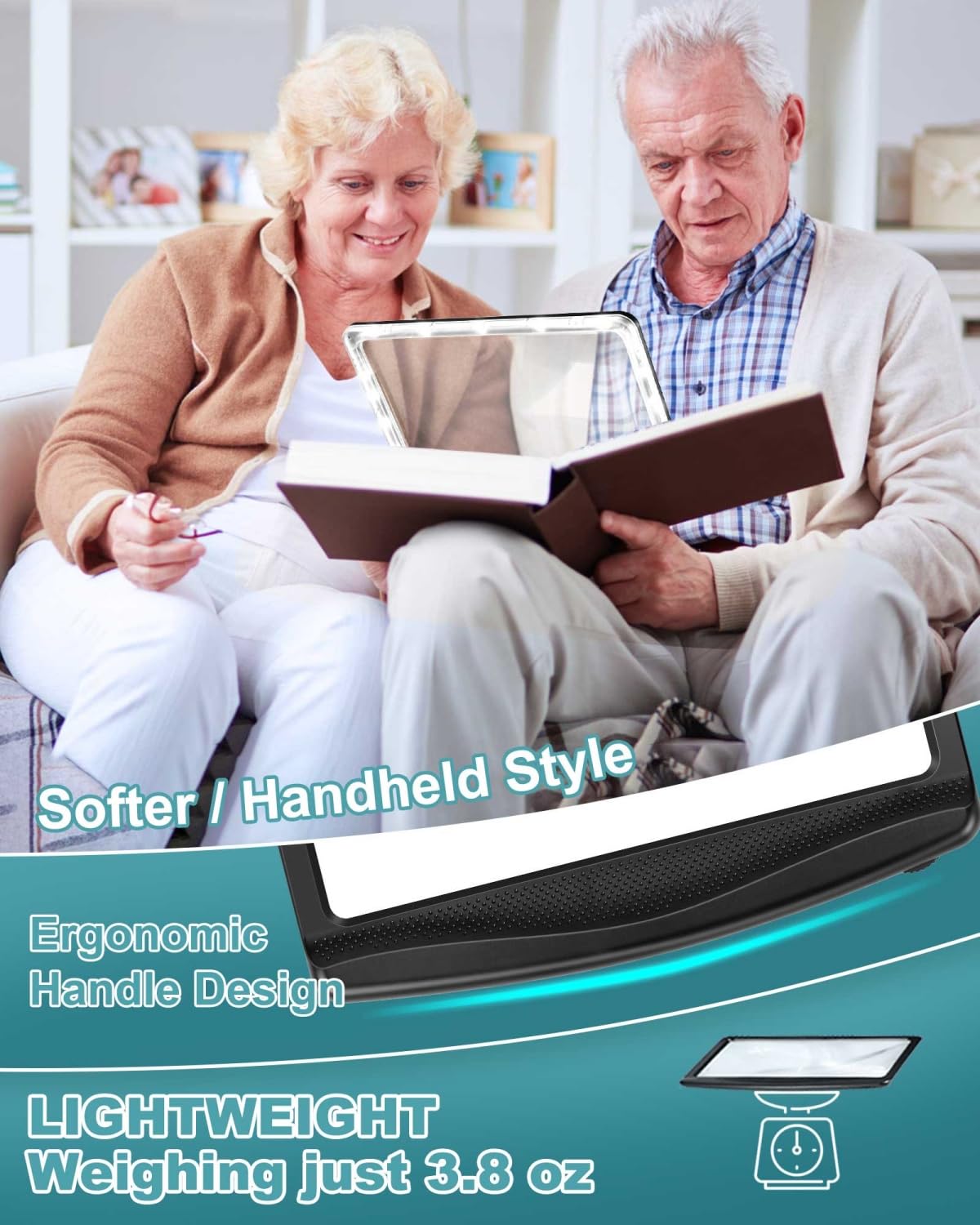 5X Rechargeable Magnifying Glass for Reading, Large Bright LED Lighted Full Page Magnifier, Lightweight Rectangular Handheld Magnifier with Light for Reading Small Prints for Seniors, Low Vision