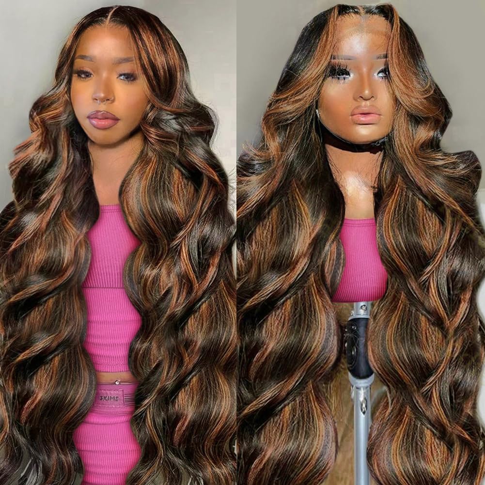 28 Inch Honey Blonde Ombre Lace Front Wig Human Hair 200 Density 13X6 Highlight Body Wave Lace Front Wig Human Hair Pre Plucked With Baby Hair Glueless HD Lace Frontal Wig for Women T1B/30 Colored Wig