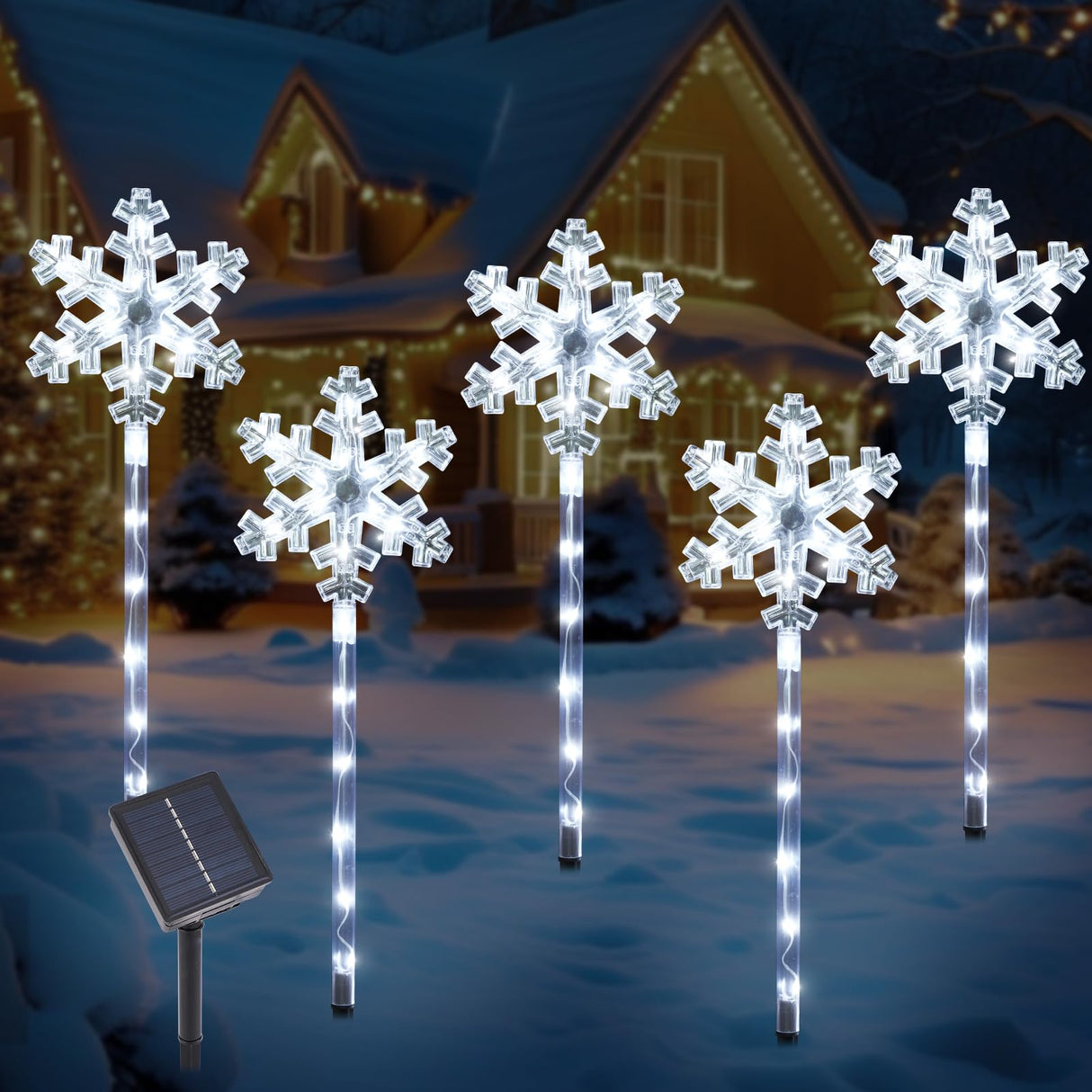 Solar Christmas Snowflake Pathway Lights, Set of 5 Outdoor Garden Lights Decorations,Waterproof Stake Decorative Light for Yard Lawn Porch Walkway Decor (Cool White, 5 Pack)