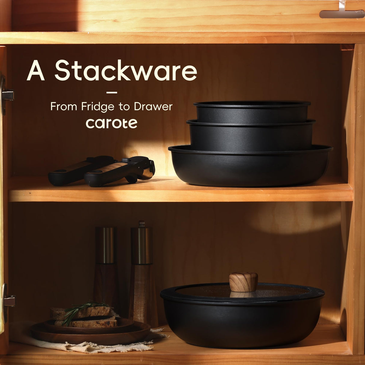 CAROTE 17pcs Pots and Pans Set, Nonstick Cookware Set Detachable Handle, Induction Kitchen Cookware Sets Non Stick with Removable Handle, RV Cookware Set, Oven Safe, Jet Black