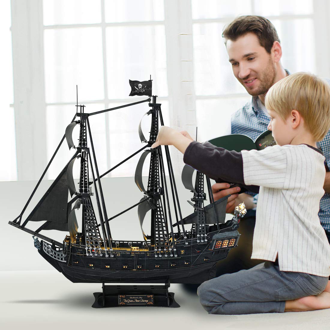 CubicFun 3D Puzzles for Adults - Led Pirate Ship Queen Anne's Revenge - Large 27'' Sailboat Puzzles - Desk Decor, Anniversary, Christmas Teacher Appreciation Gifts Adult Stocking Stuffers