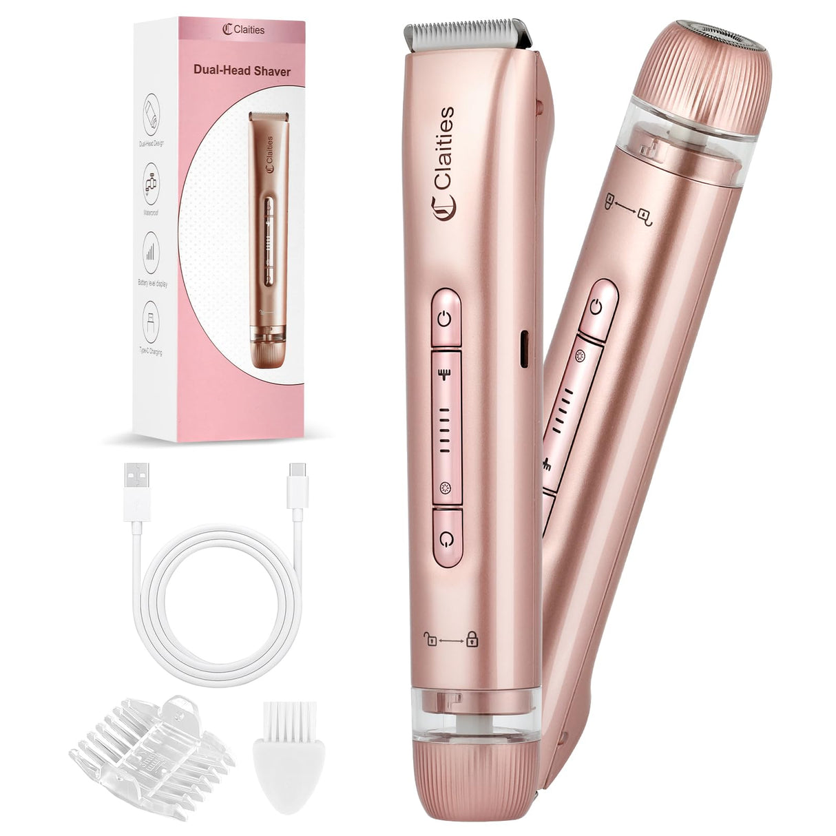 2 in 1 Women Electric Shaver Dual Head Bikini Trimmer for Women IPX7 Waterproof Wet & Dry Use Body Hair Trimmer and Facial Hair Remover for Bikini Underarm Leg Arm Body Face