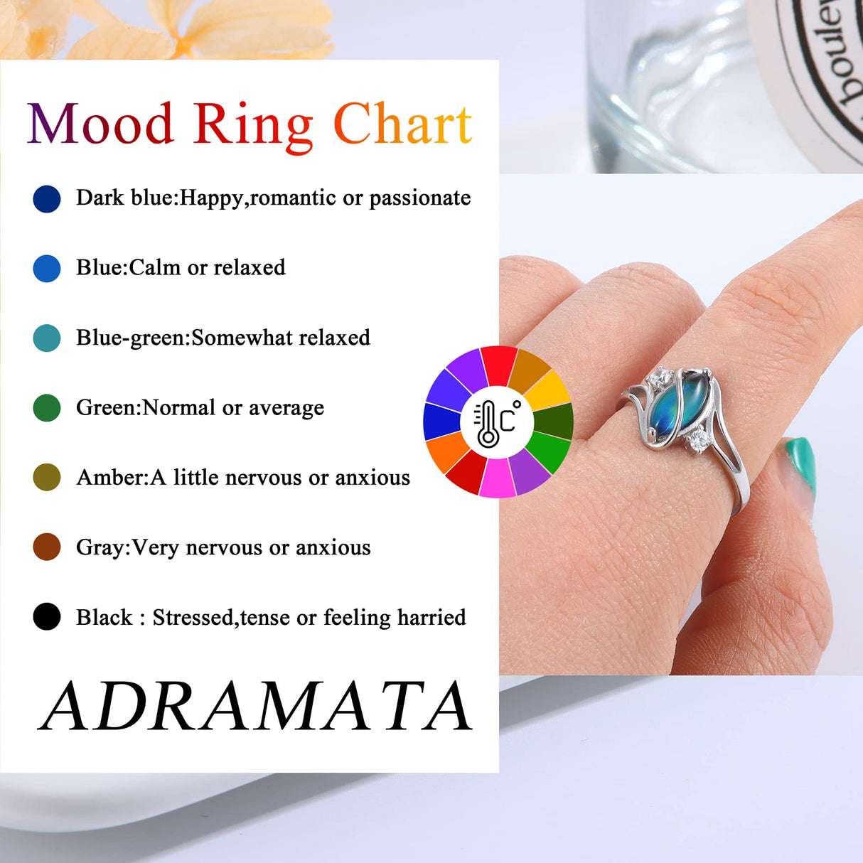 ADRAMATA 925 Sterling Silver Rings for Women Mood Ring Statement Size 9