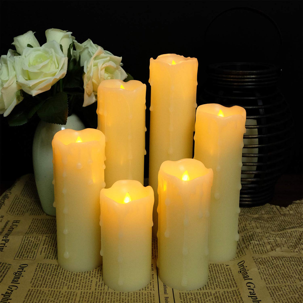 DRomance Flameless Flickering Candles Battery Operated with Remote and Timer, Set of 6 Dripping Wax LED Pillar Candles Halloween Christmas Holiday Indoor Decor(Ivory, 2.2 x 4-9 Inches)