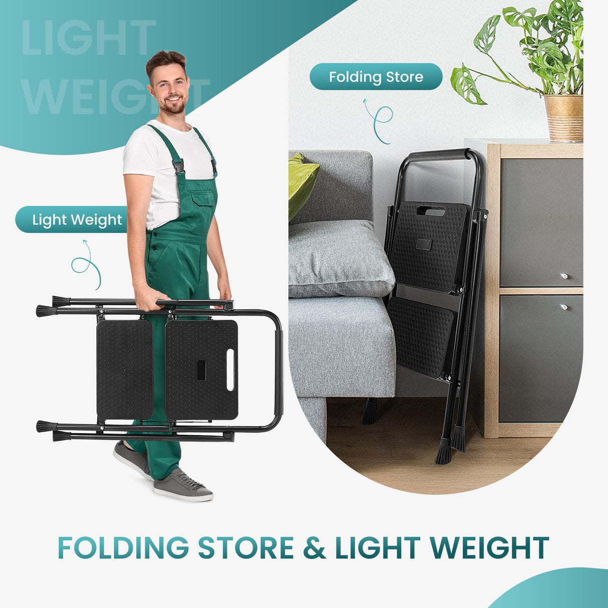 Smug Step Ladder, 2 Foldable Step Stool with Anti-Slip Pedal & Handrail