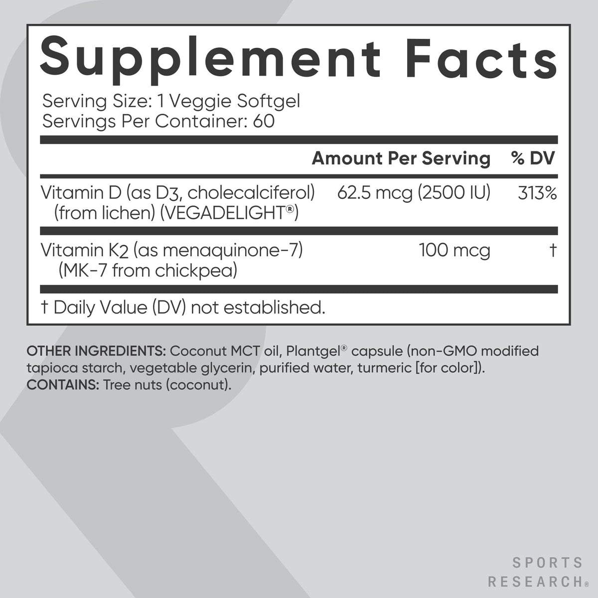 Sports Research® Vegan Vitamin D3 + K2 w/Coconut Oil, 60 Count Plantgels™
