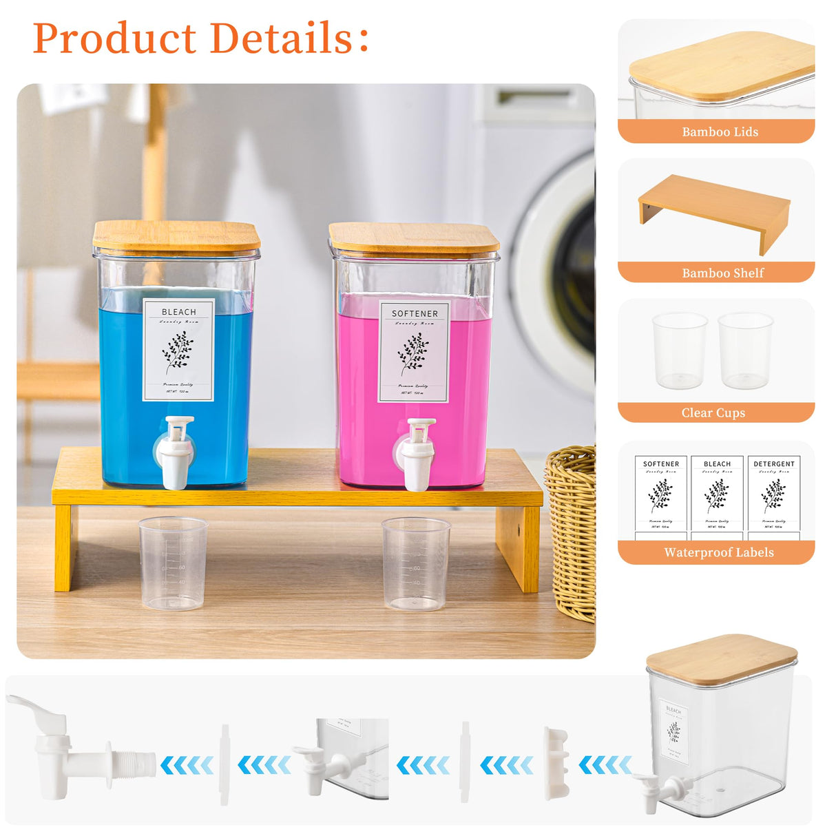 RoleDes Liquid Laundry Detergent Dispenser Set with Shelf and Bamboo Lids for Laundry Room Organization and Storage - 2 Pack 96 oz Laundry Containers for Laundry Soap, Fabric Softener