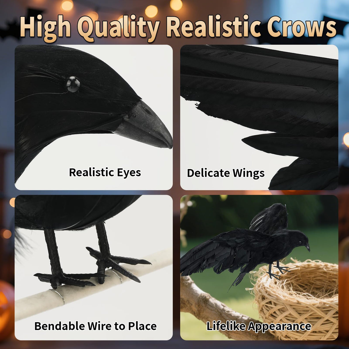 Black Fake Crows Halloween Decorations, Large Realistic Feather Black Crows