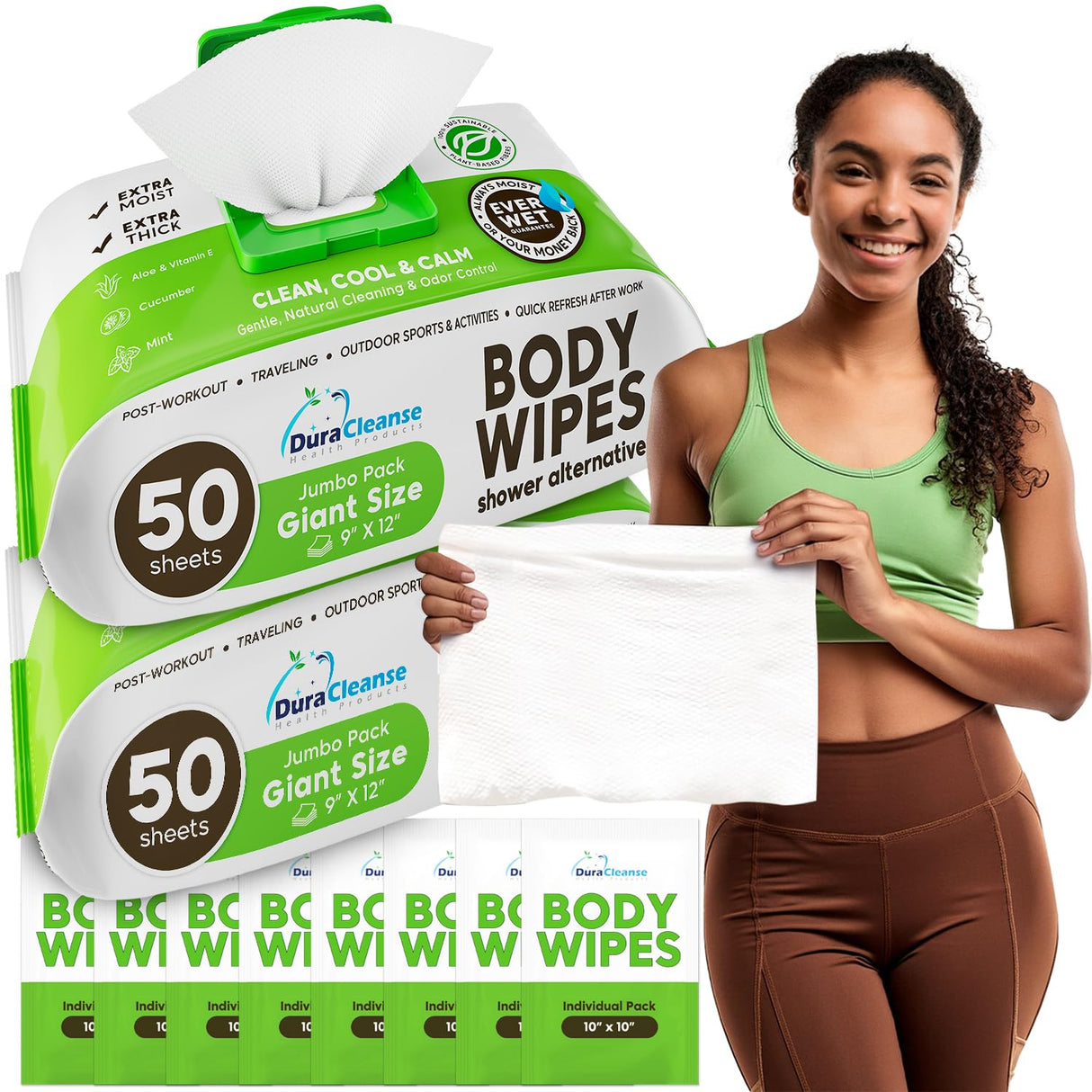 Body Wipes for Women, Extra Moist No Rinse Bathing Wipes (2pk), 100 XL Shower Cloths + 8 Deodorizing Bath Cloths - 9"x12" Travel Size After Gym Cleaning Essentials, Toiletries for Womens Hygiene