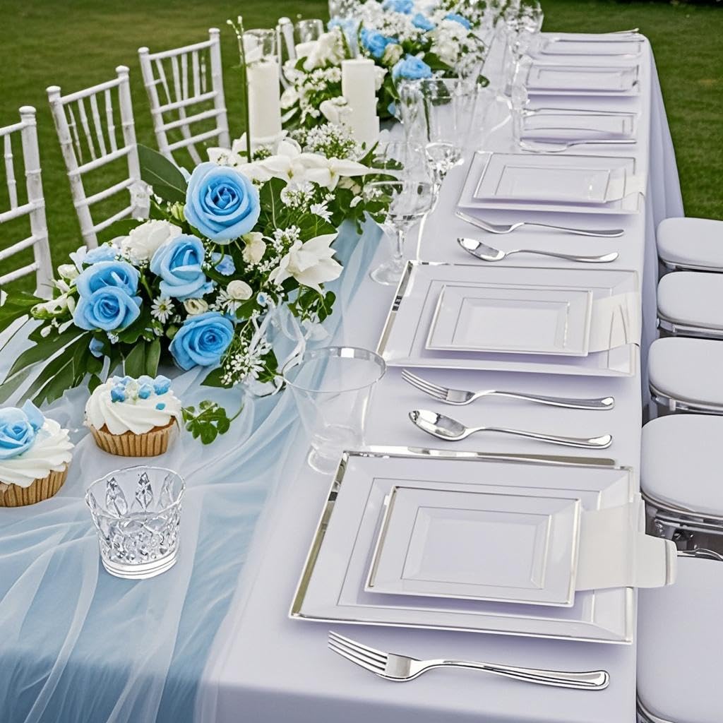 Festiva 350Pcs Silver Plates - Silver Square Plastic Plates 9 .5" and 6" - serve for 50 guests include 50 Cups 50Plastic Cutlery 50Hand Napkins Perfect for Party&Wedding&Birthday&Christmas