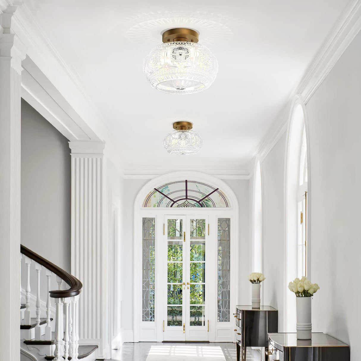 OYKYOHEI Semi Flush Mount Ceiling Light, Globe Glass Ceiling Light Fixture, Gold Modern Lighting for Hallway Porch Corridor Kitchen Bedroom, Bulb Not Included