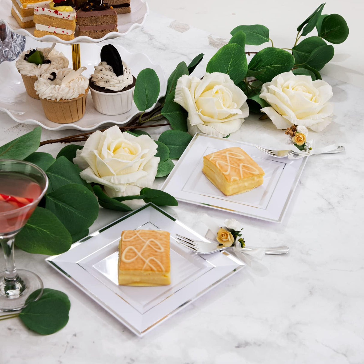 WDF Silver Plastic Dessert Plates with Plastic Forks - 6” 100 Square Disposable Appetizer Plates Small Plates Cake Plates with Silver Rim &100 Small Appetizer Forks for Christmas Party/Wedding