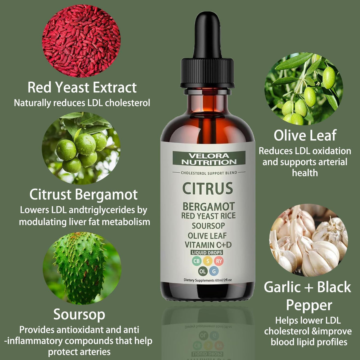 velora Red Yeast Rice Cholesterol Cleans Drops with Citrus, Bergamot, Red Yeast Rice, Soursop, Olive Leaf, Vitamin C+D, Natural, Non-GMO, Vegan 2 fl oz (1pc)
