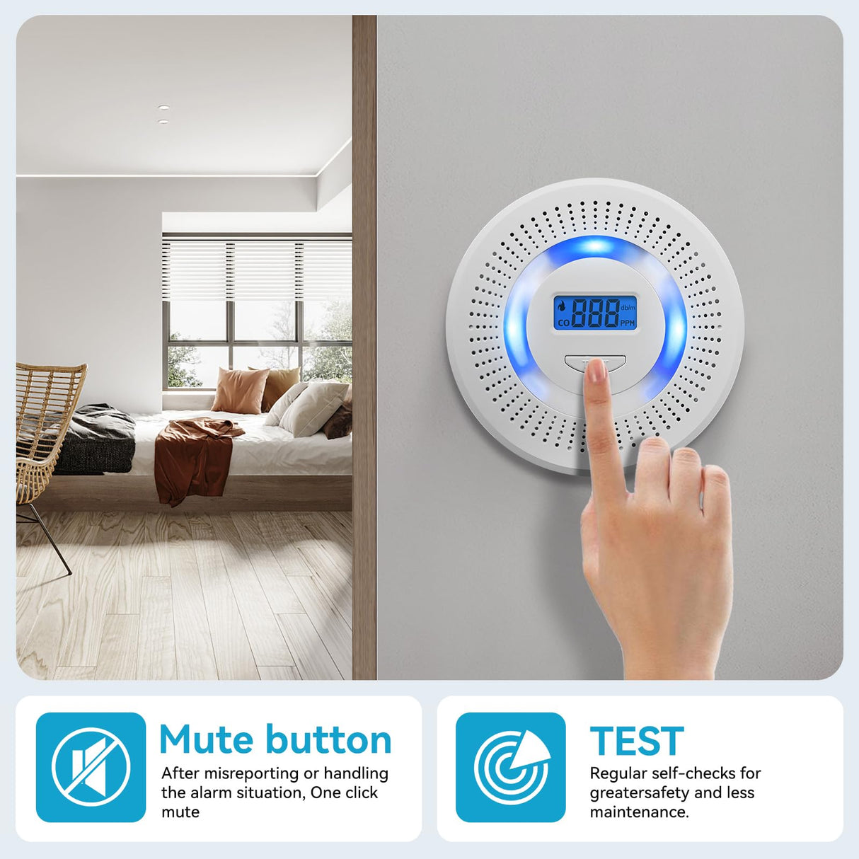Smoke Detector Carbon Monoxide Gas Alarm, Fire Carbon Monoxide (CO) Detector 2 in 1 with Digital Display and Sound Light Alarm, Battery Operated Suitable for Bedroom Warehouse Kitchen or RV Travel