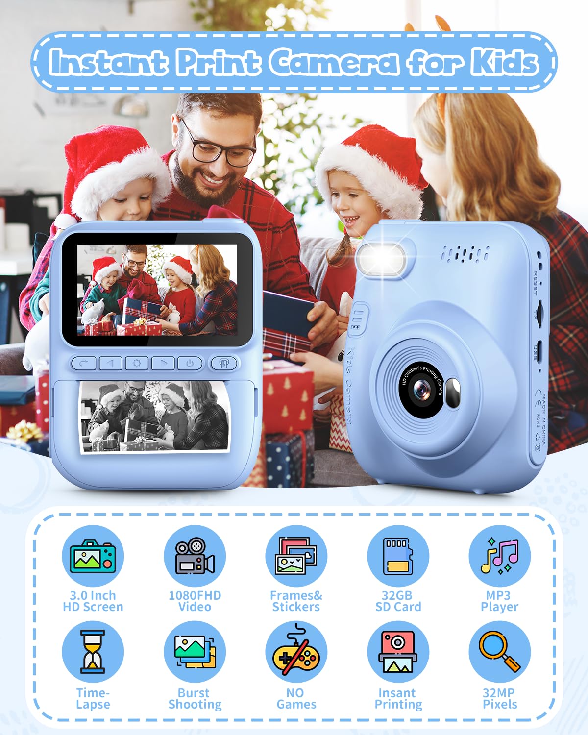 Kids Instant Print Camera, 3.0-inch HD Screen 32MP Photo Instant Digital Camera Christmas Birthday Gifts Toys for Children Girls Boys Age 3-12 - Blue