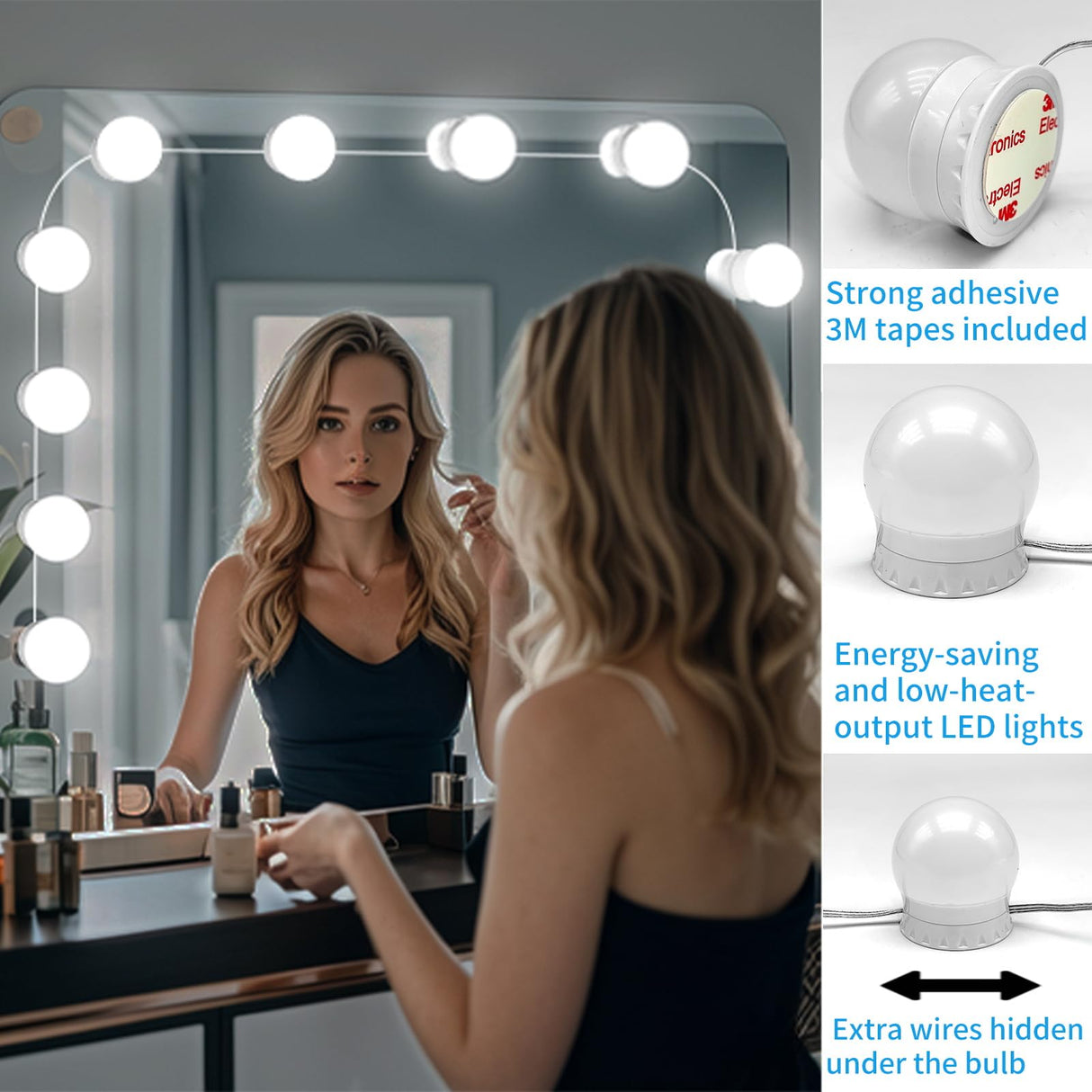 LED Vanity Mirror Lights with 14 Dimmable Bulbs, 3000K 4500K 6500K & 10 Brightness Levels Adjustable, Plug in USB Cable, Hollywood Style Stick On Mirror Lights for Makeup Desk Bathroom Dressing Room