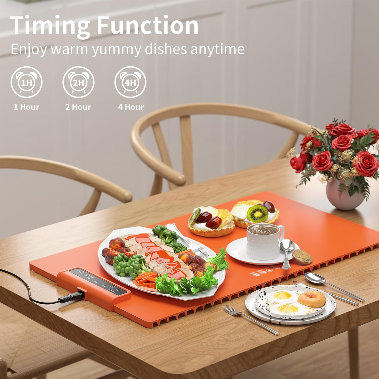 Electric Food Warming Mat: Silicone Food Warmer for Parties Buffet, Portable Fast Heating Pads for Food, Pizza Coffee Tea Heater Meat Defrosting Tray Adjustable Temperature (Orange)