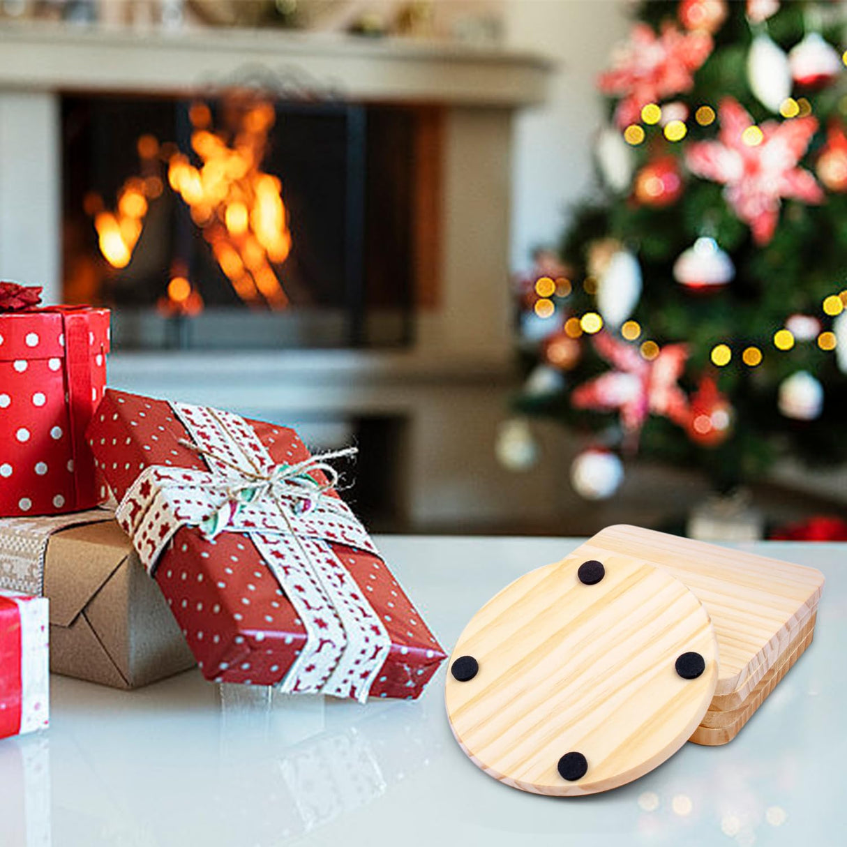 36 Pcs Unfinished Wood Coasters for Crafts,Cymuber 4 Inch Blank Wooden Coasters,Blank Coaster with Non Slip Pad for DIY Stained Painting Wood Engraving Wedding Halloween Christmas Home Decoration