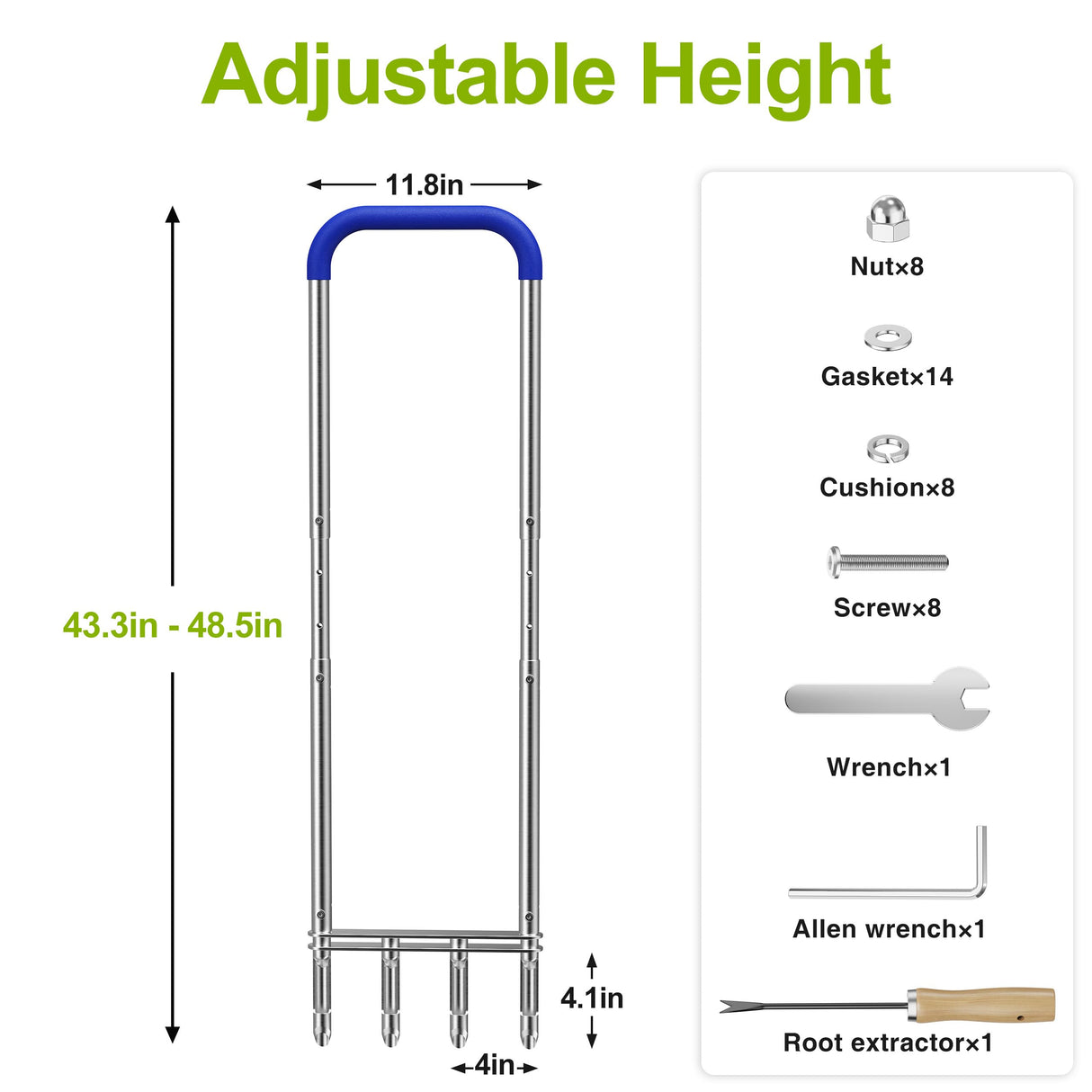 Knee-Friendly Manual Lawn Aerator Tool –Adjustable SUS304 Stainless Steel Core Aerator for Grass, Yard Aeration Tool with 4 Hollow Tines for Lawn Care and Compacted Soil,43.3"-48.5",Silver