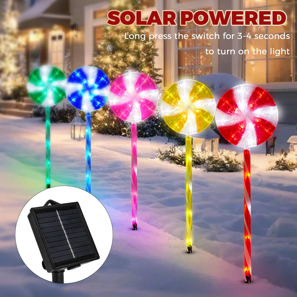Outdoor Christmas Decorations Solar Pathway Lights, Set of 5 Lollipops Peppermint Stake Lights, 8 Modes Candy Cane Walkside Lights, Outdoor Xmas Decoration for Walkway,Yard