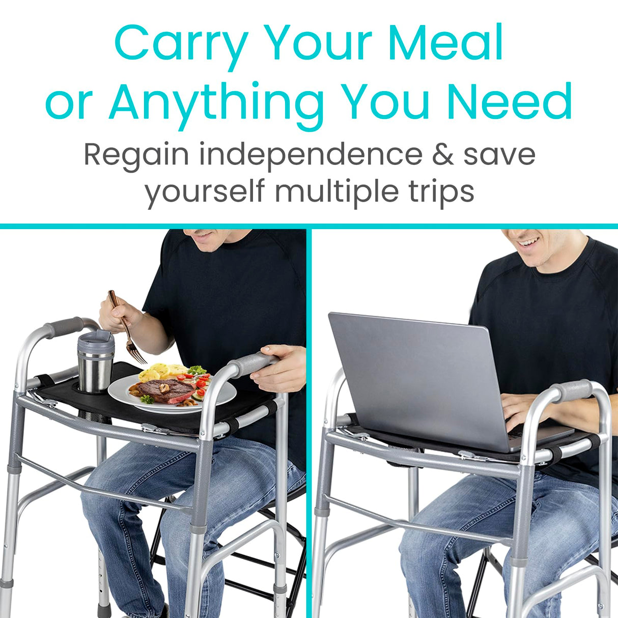 Vive Walker Tray for Folding Walker - (w/Cup Holder) - Adult Mobility Accessories - Fits Standard Walkers - Medical Table for Seniors Non Slip Mat for Food - Removable & Easy Assembly (Black)