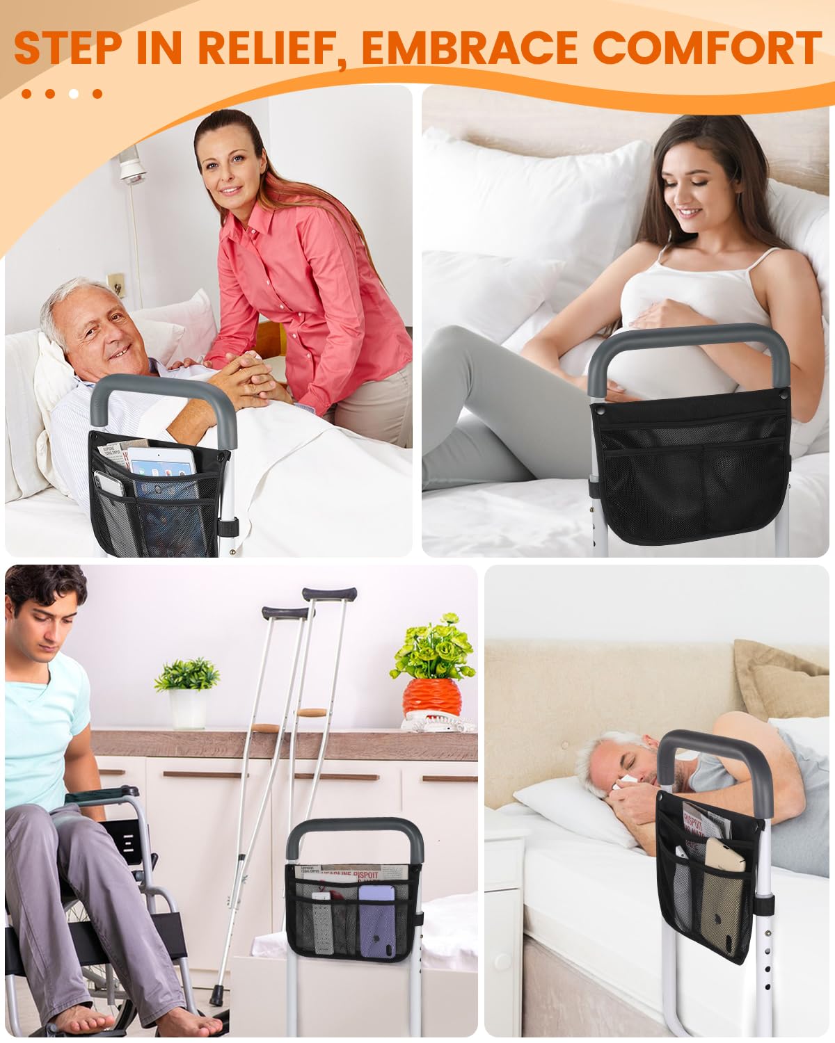 Bed Rails for Elderly Adults Safety - Adjustable Bed Assist Rail for Seniors - Stable Bed Side Rails Handle Support Bar Bed Guard Rails with Storage Bag & Fixing Strap, Fit King Queen Full Twin Bed