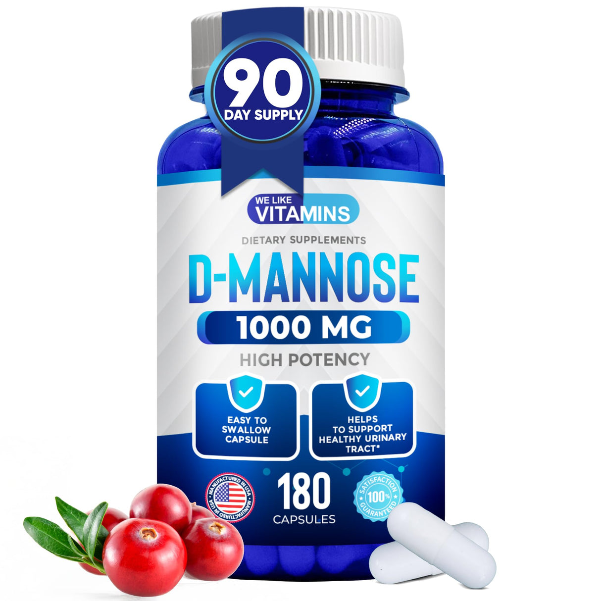 We Like Vitamins D-Mannose 1000mg Capsules - 180 Easy to Swallow Veggie Capsules - Cranberry D Mannose Supplement Helps Support Bladder and Urinary Tract Health